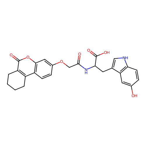 3-(5-hydroxy-1H-indol-3-yl)-2-(2-((6-oxo-7,8,9,10-tetrahydro-6H-benzo[c]chromen-3-yl)oxy)acetamido)propanoic acid structure