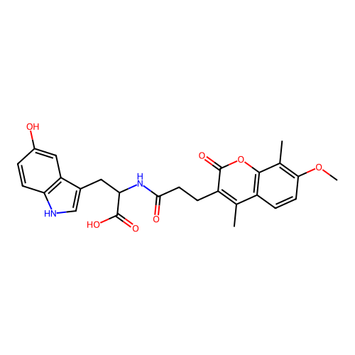 3-(5-hydroxy-1H-indol-3-yl)-2-(3-(7-methoxy-4,8-dimethyl-2-oxo-2H-chromen-3-yl)propanamido)propanoic acid structure