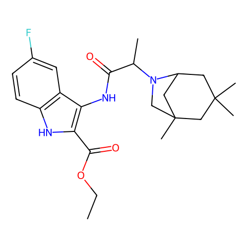 ethyl 5-fluoro-3-(2-((1R,5S)-1,3,3-trimethyl-6-azabicyclo[3.2.1]octan-6-yl)propanamido)-1H-indole-2-carboxylate structure