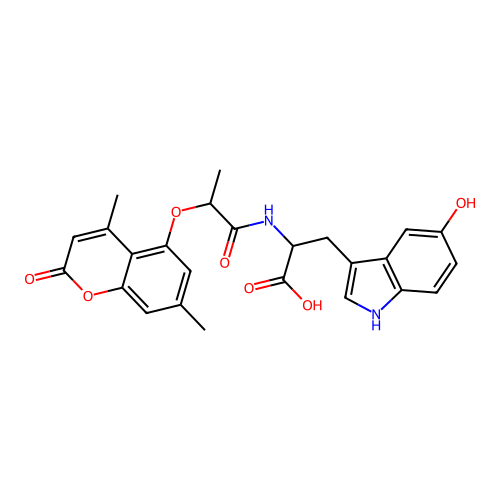 2-(2-((4,7-dimethyl-2-oxo-2H-chromen-5-yl)oxy)propanamido)-3-(5-hydroxy-1H-indol-3-yl)propanoic acid structure