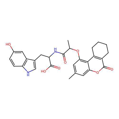 3-(5-hydroxy-1H-indol-3-yl)-2-(2-((3-methyl-6-oxo-7,8,9,10-tetrahydro-6H-benzo[c]chromen-1-yl)oxy)propanamido)propanoic acid structure