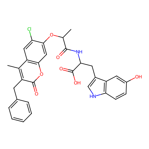 2-(2-((3-benzyl-6-chloro-4-methyl-2-oxo-2H-chromen-7-yl)oxy)propanamido)-3-(5-hydroxy-1H-indol-3-yl)propanoic acid structure