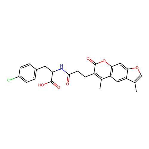 3-(4-chlorophenyl)-2-(3-(3,5-dimethyl-7-oxo-7H-furo[3,2-g]chromen-6-yl)propanamido)propanoic acid structure