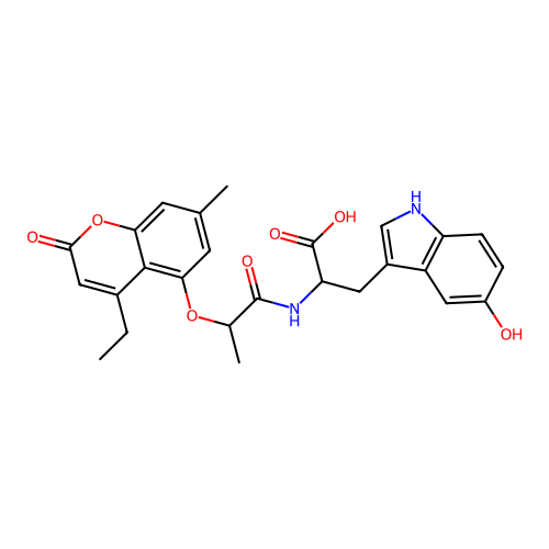 2-(2-((4-ethyl-7-methyl-2-oxo-2H-chromen-5-yl)oxy)propanamido)-3-(5-hydroxy-1H-indol-3-yl)propanoic acid structure