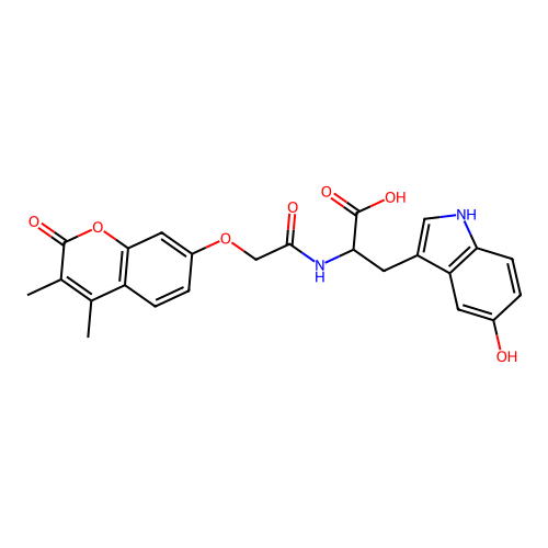 2-(2-((3,4-dimethyl-2-oxo-2H-chromen-7-yl)oxy)acetamido)-3-(5-hydroxy-1H-indol-3-yl)propanoic acid structure