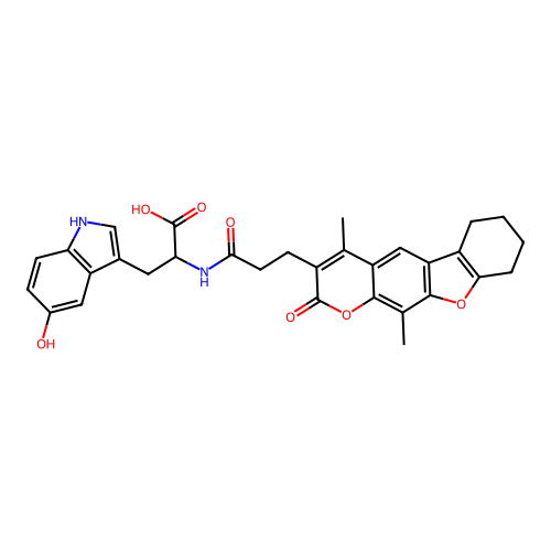 2-(3-(4,11-dimethyl-2-oxo-6,7,8,9-tetrahydro-2H-benzofuro[3,2-g]chromen-3-yl)propanamido)-3-(5-hydroxy-1H-indol-3-yl)propanoic acid structure