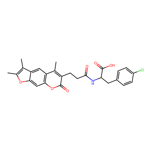 3-(4-chlorophenyl)-2-(3-(2,3,5-trimethyl-7-oxo-7H-furo[3,2-g]chromen-6-yl)propanamido)propanoic acid structure