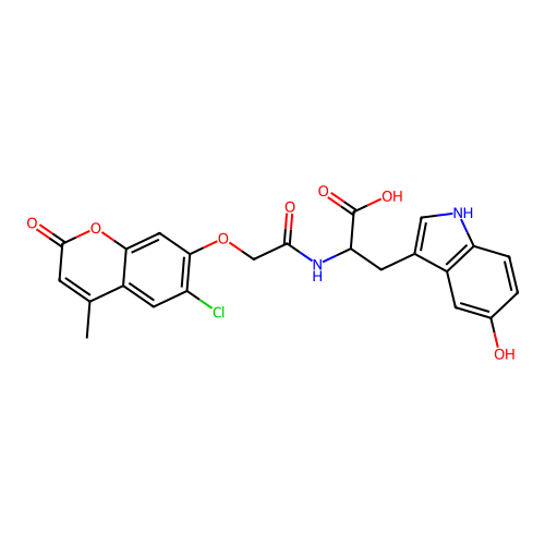 2-(2-((6-chloro-4-methyl-2-oxo-2H-chromen-7-yl)oxy)acetamido)-3-(5-hydroxy-1H-indol-3-yl)propanoic acid structure