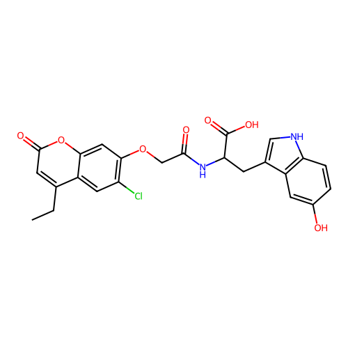 2-(2-((6-chloro-4-ethyl-2-oxo-2H-chromen-7-yl)oxy)acetamido)-3-(5-hydroxy-1H-indol-3-yl)propanoic acid structure