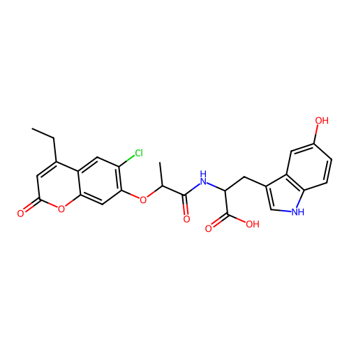 2-(2-((6-chloro-4-ethyl-2-oxo-2H-chromen-7-yl)oxy)propanamido)-3-(5-hydroxy-1H-indol-3-yl)propanoic acid structure