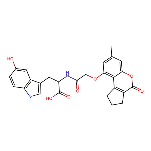 3-(5-hydroxy-1H-indol-3-yl)-2-(2-((7-methyl-4-oxo-1,2,3,4-tetrahydrocyclopenta[c]chromen-9-yl)oxy)acetamido)propanoic acid structure