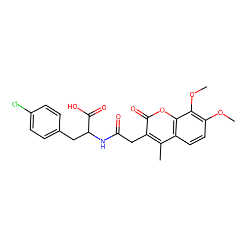 3-(4-chlorophenyl)-2-(2-(7,8-dimethoxy-4-methyl-2-oxo-2H-chromen-3-yl)acetamido)propanoic acid structure