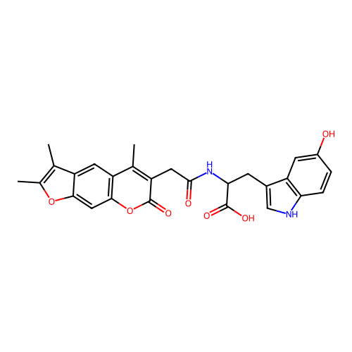 5-hydroxy-N-[(2,3,5-trimethyl-7-oxo-7H-furo[3,2-g]chromen-6-yl)acetyl]tryptophan structure