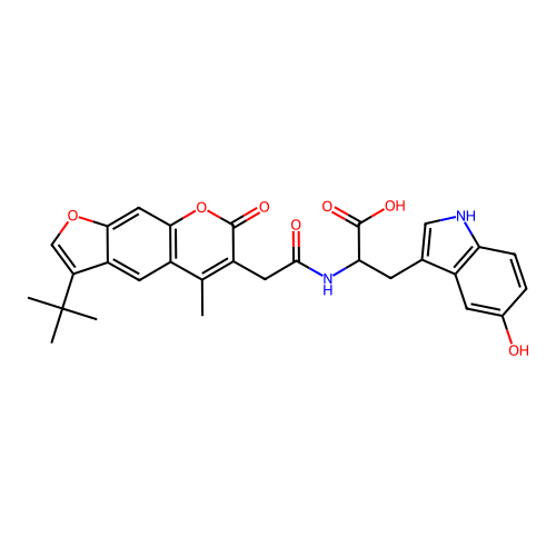 2-(2-(3-(tert-butyl)-5-methyl-7-oxo-7H-furo[3,2-g]chromen-6-yl)acetamido)-3-(5-hydroxy-1H-indol-3-yl)propanoic acid structure