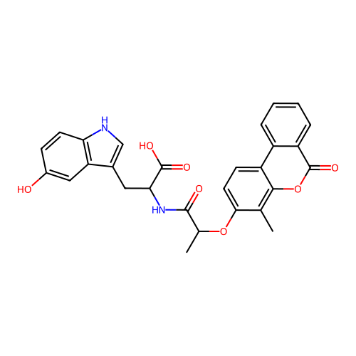 3-(5-hydroxy-1H-indol-3-yl)-2-(2-((4-methyl-6-oxo-6H-benzo[c]chromen-3-yl)oxy)propanamido)propanoic acid structure