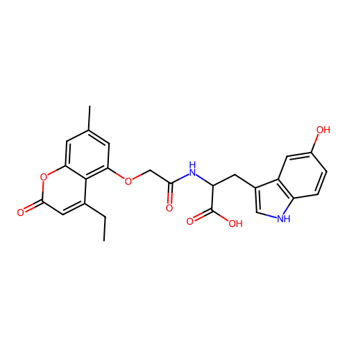 2-(2-((4-ethyl-7-methyl-2-oxo-2H-chromen-5-yl)oxy)acetamido)-3-(5-hydroxy-1H-indol-3-yl)propanoic acid structure