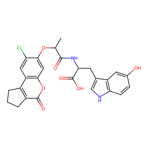 2-(2-((8-chloro-4-oxo-1,2,3,4-tetrahydrocyclopenta[c]chromen-7-yl)oxy)propanamido)-3-(5-hydroxy-1H-indol-3-yl)propanoic acid structure