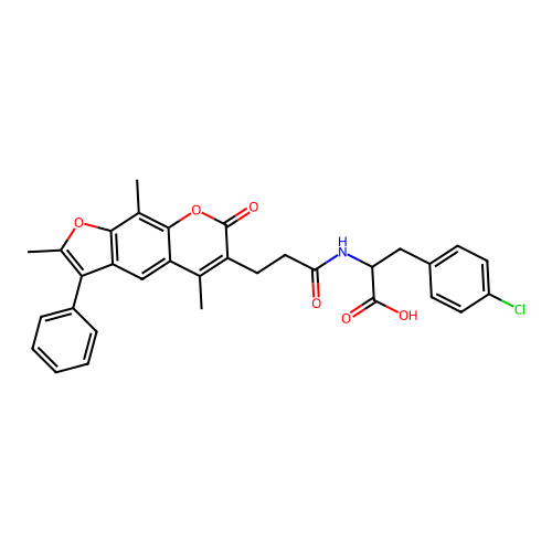 3-(4-chlorophenyl)-2-(3-(2,5,9-trimethyl-7-oxo-3-phenyl-7H-furo[3,2-g]chromen-6-yl)propanamido)propanoic acid structure