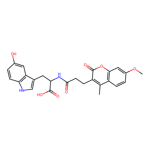 3-(5-hydroxy-1H-indol-3-yl)-2-(3-(7-methoxy-4-methyl-2-oxo-2H-chromen-3-yl)propanamido)propanoic acid structure