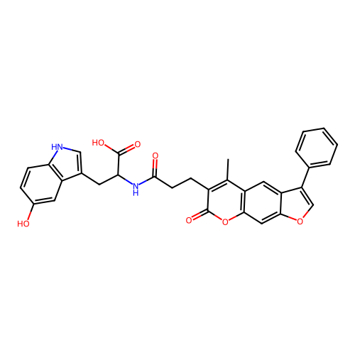 3-(5-hydroxy-1H-indol-3-yl)-2-(3-(5-methyl-7-oxo-3-phenyl-7H-furo[3,2-g]chromen-6-yl)propanamido)propanoic acid structure
