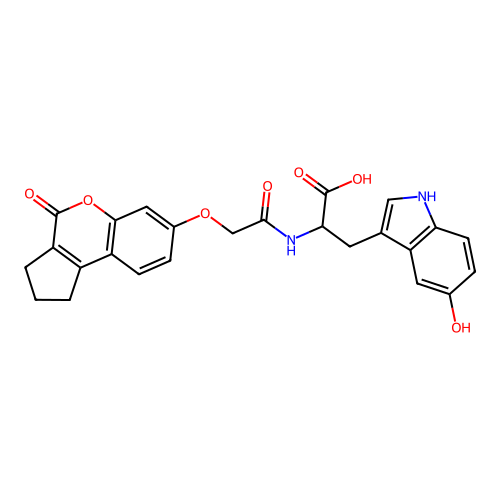 3-(5-hydroxy-1H-indol-3-yl)-2-(2-((4-oxo-1,2,3,4-tetrahydrocyclopenta[c]chromen-7-yl)oxy)acetamido)propanoic acid structure