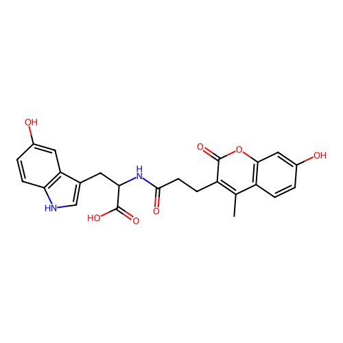 3-(5-hydroxy-1H-indol-3-yl)-2-(3-(7-hydroxy-4-methyl-2-oxo-2H-chromen-3-yl)propanamido)propanoic acid structure