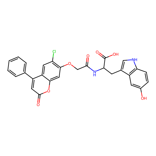 2-(2-((6-chloro-2-oxo-4-phenyl-2H-chromen-7-yl)oxy)acetamido)-3-(5-hydroxy-1H-indol-3-yl)propanoic acid structure