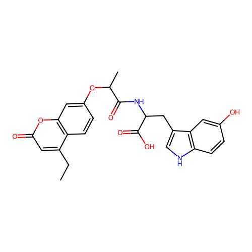 2-(2-((4-ethyl-2-oxo-2H-chromen-7-yl)oxy)propanamido)-3-(5-hydroxy-1H-indol-3-yl)propanoic acid structure