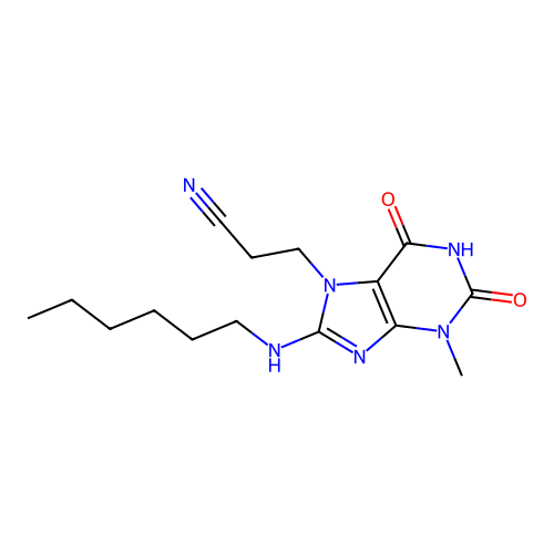 3-[8-(hexylamino)-3-methyl-2,6-dioxopurin-7-yl]propanenitrile structure
