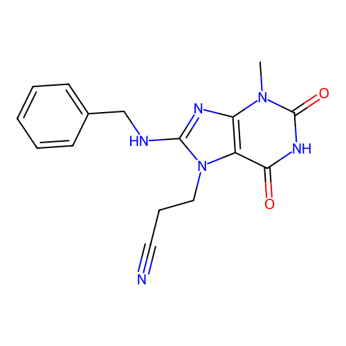 3-{3-Methyl-2,6-dioxo-8-[benzylamino]-1,3,7-trihydropurin-7-yl}propanenitrile structure