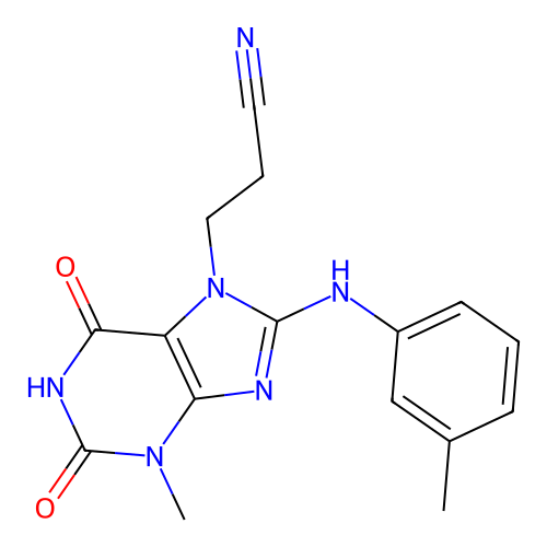 3-[3-methyl-8-(3-methylanilino)-2,6-dioxopurin-7-yl]propanenitrile structure
