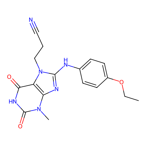 3-(8-((4-ethoxyphenyl)amino)-3-methyl-2,6-dioxo-2,3-dihydro-1H-purin-7(6H)-yl)propanenitrile structure