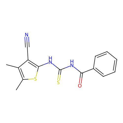 N-benzoyl-N'-(3-cyano-4,5-dimethyl-2-thienyl)thiourea structure