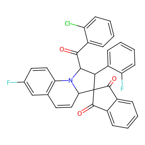 1'-[(2-chlorophenyl)carbonyl]-7'-fluoro-2'-(2-fluorophenyl)-1',2'-dihydro-3a'H-spiro[indene-2,3'-pyrrolo[1,2-a]quinoline]-1,3-dione structure