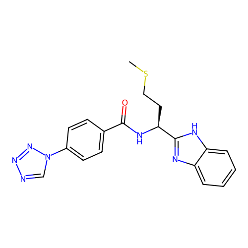 (S)-N-(1-(1H-benzo[d]imidazol-2-yl)-3-(methylthio)propyl)-4-(1H-tetrazol-1-yl)benzamide structure