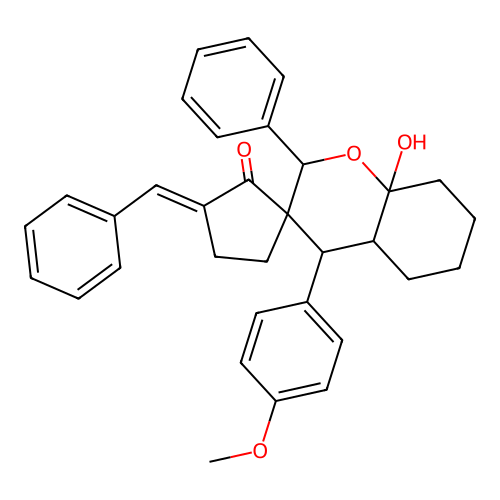 (3'E)-3'-benzylidene-8a-hydroxy-4-(4-methoxyphenyl)-2-phenylhexahydro-2'H,4H-spiro[chromene-3,1'-cyclopentan]-2'-one structure