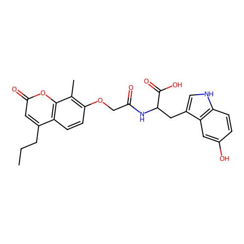 3-(5-hydroxy-1H-indol-3-yl)-2-(2-((8-methyl-2-oxo-4-propyl-2H-chromen-7-yl)oxy)acetamido)propanoic acid structure