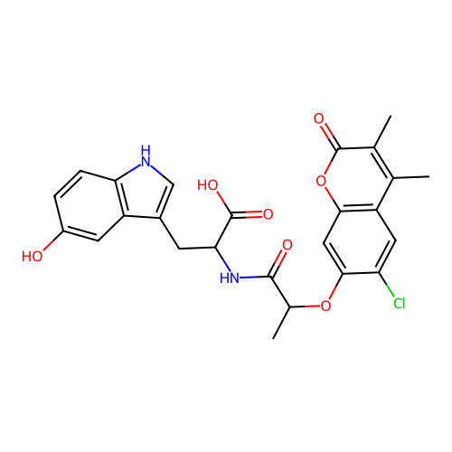 2-(2-((6-chloro-3,4-dimethyl-2-oxo-2H-chromen-7-yl)oxy)propanamido)-3-(5-hydroxy-1H-indol-3-yl)propanoic acid structure