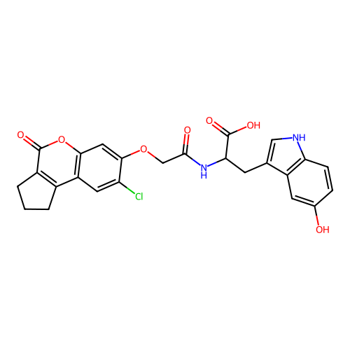 2-(2-((8-chloro-4-oxo-1,2,3,4-tetrahydrocyclopenta[c]chromen-7-yl)oxy)acetamido)-3-(5-hydroxy-1H-indol-3-yl)propanoic acid structure