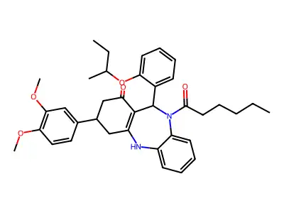 9-(3,4-dimethoxyphenyl)-5-hexanoyl-6-(2-sec-butoxyphenyl)-8,9,10,11-tetrahydro-6H-benzo[b][1,4]benzodiazepin-7-one structure