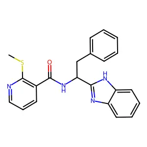 N-[(1S)-1-(1H-benzimidazol-2-yl)-2-phenylethyl]-2-methylsulfanylpyridine-3-carboxamide structure