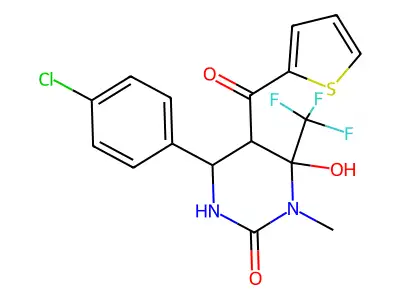 4-(4-chlorophenyl)-6-hydroxy-1-methyl-5-(thiophene-2-carbonyl)-6-(trifluoromethyl)-1,3-diazinan-2-one structure