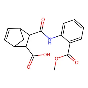 3-({[2-(methoxycarbonyl)phenyl]amino}carbonyl)bicyclo[2.2.1]hept-5-ene-2-carboxylic acid structure