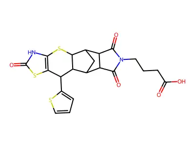 4-((4aR,5R,5aR,8aR,9S)-2,6,8-trioxo-10-(thiophen-2-yl)-2,3,4a,5,5a,6,8a,9,9a,10-decahydro-5,9-methanothiazolo[5',4':5,6]thiopyrano[2,3-f]isoindol-7(8H)-yl)butanoic acid structure