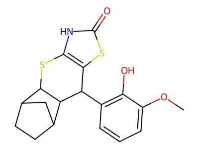 9-(2-hydroxy-3-methoxyphenyl)-3,4a,5,6,7,8,8a,9-octahydro-2H-5,8-methanothiochromeno[2,3-d]thiazol-2-one structure