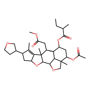 2H,3H-Cyclopenta(d')naphtho(1,8-bc:2,3-b')difuran-6-acetic acid, 3-(acetyloxy)-2a,4,5,5a,6,6a,8,9,9a,10a,10b,10c-dodecahydro-2a,5a,6a,7-tetramethyl-5-(2-methyl-1-oxobutoxy)-8-(tetrahydro-3-furanyl)-, methyl ester structure