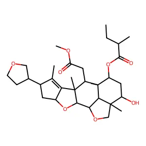 2H,3H-Cyclopenta(d')naphtho(1,8-bc:2,3-b')difuran-6-acetic acid,    2a,4,5,5a,6,6a,8,9,9a,10a,10b,10c-dodecahydro-3-hydroxy-2a,5a,6a,7-tetramethyl-5-(2-methyl-1-oxobutoxy)-8-(tetrahydro-3-furanyl)-, methyl ester structure