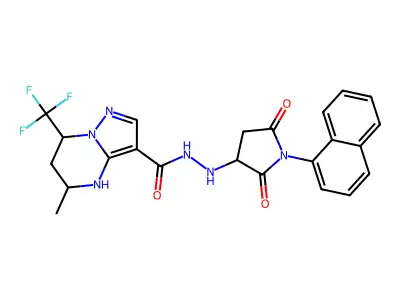 5-methyl-N'-(1-(naphthalen-1-yl)-2,5-dioxopyrrolidin-3-yl)-7-(trifluoromethyl)-4,5,6,7-tetrahydropyrazolo[1,5-a]pyrimidine-3-carbohydrazide structure
