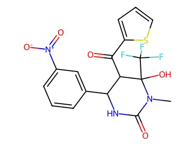 6-hydroxy-1-methyl-4-(3-nitrophenyl)-5-(thiophene-2-carbonyl)-6-(trifluoromethyl)-1,3-diazinan-2-one structure