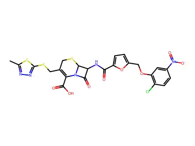 7-(5-((2-chloro-5-nitrophenoxy)methyl)furan-2-carboxamido)-3-(((5-methyl-1,3,4-thiadiazol-2-yl)thio)methyl)-8-oxo-5-thia-1-azabicyclo[4.2.0]oct-2-ene-2-carboxylic acid structure